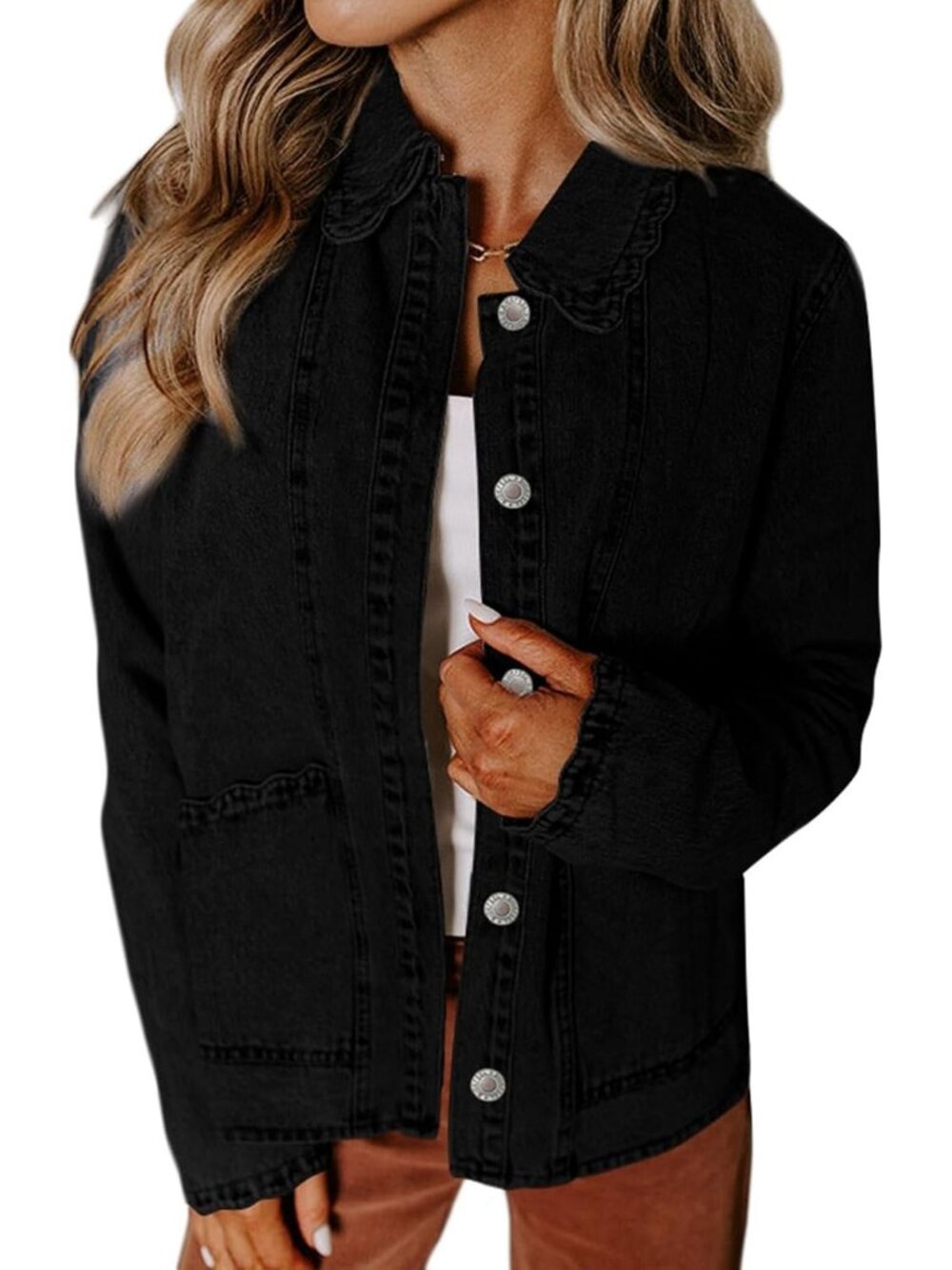 Women's Black Long Sleeve Button Down Denim Casual Jean Jacket Shacket